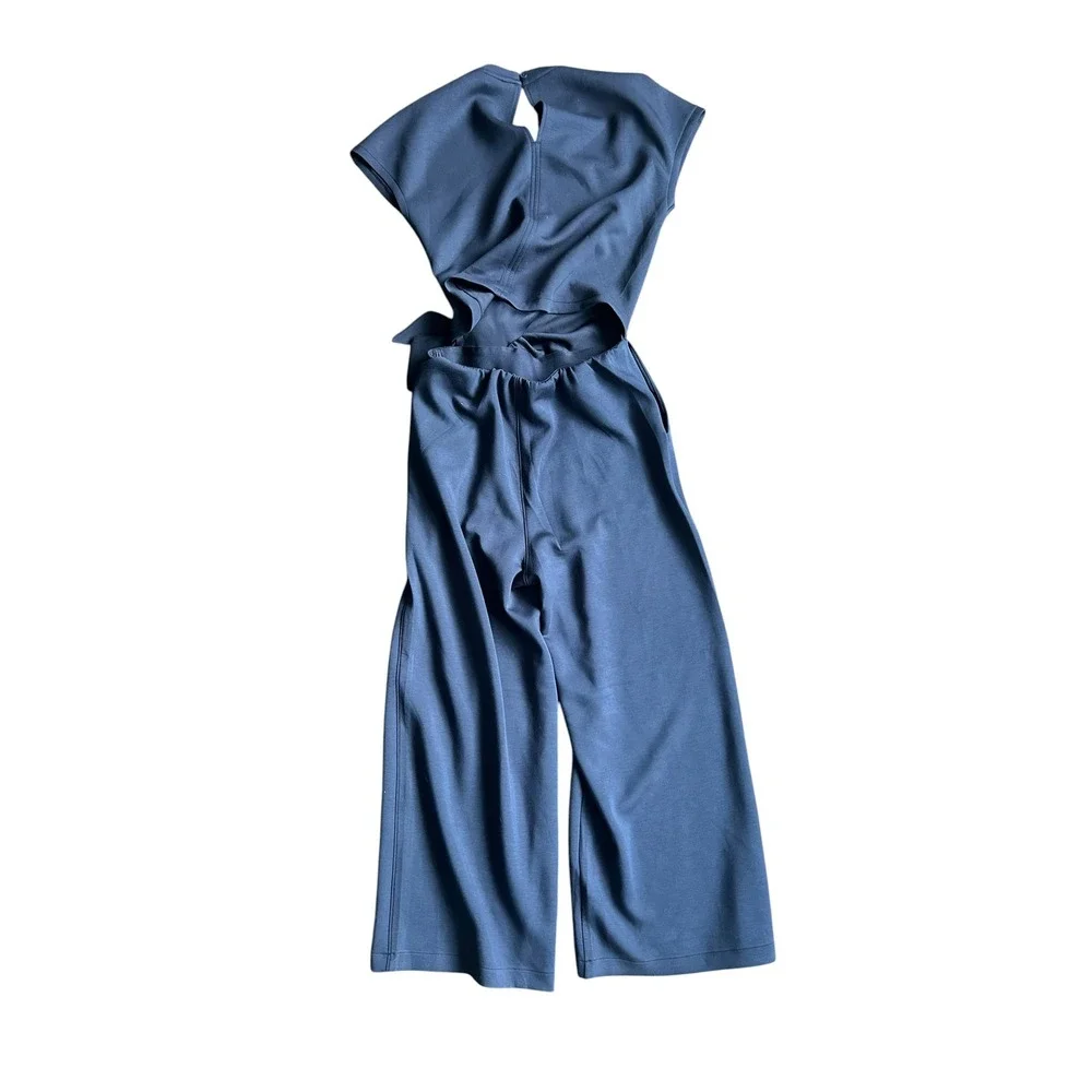 SPANX Air Essentials Wide Leg Tie Waist Jumpsuit Navy Blue Womens Small Petite